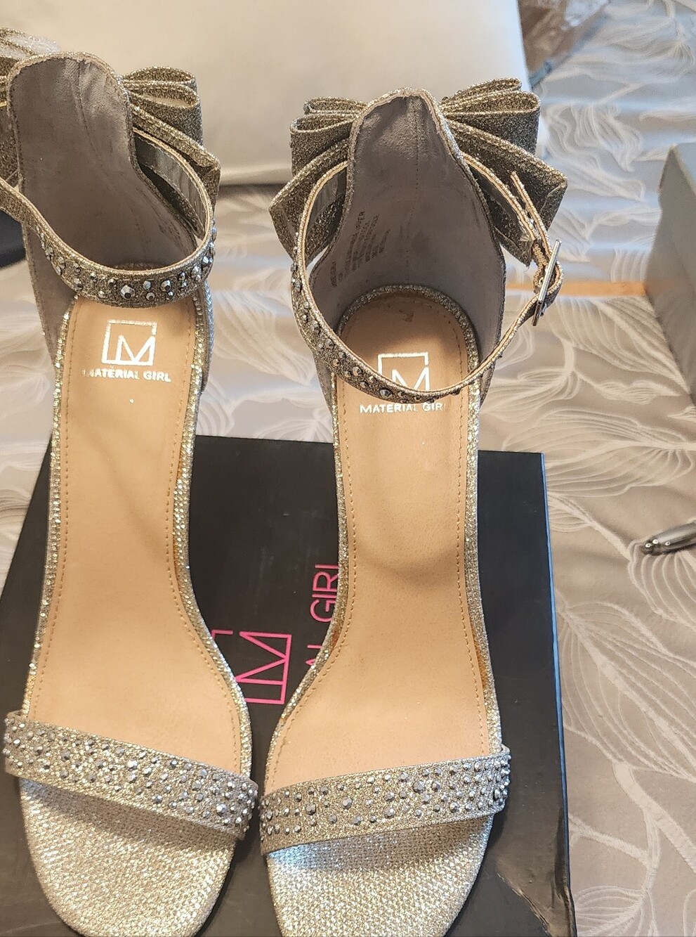 Material Girl Gold Glitter Rhinestone Ankle-Strap Heels with Bow